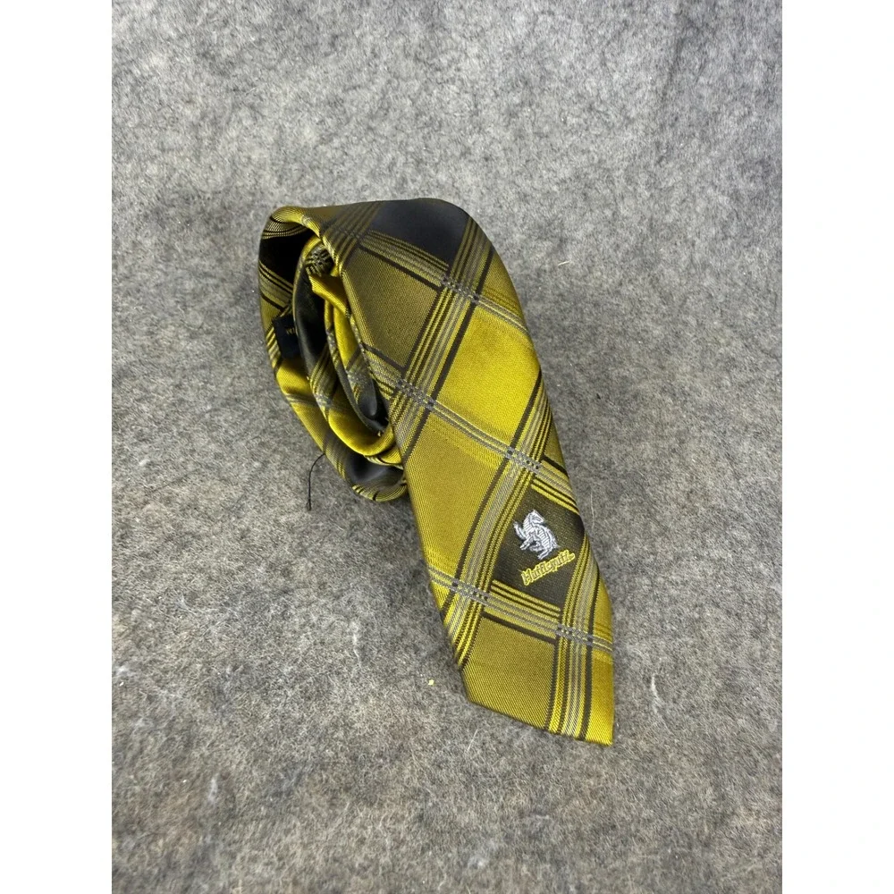 Harry Potter Hufflepuff Plaid Necktie Yellow Black Badger Crest Cosplay Tie